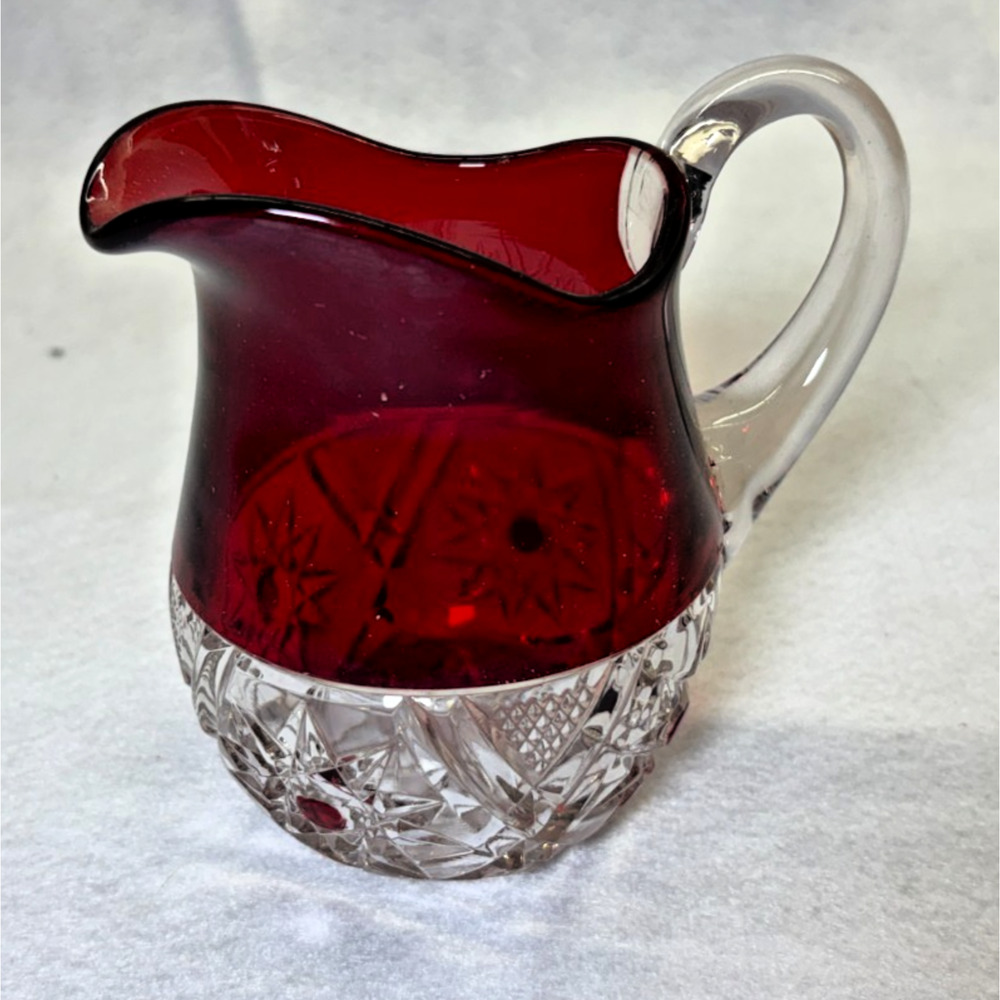 Ruby Flash Cut To Clear Glass Creamer Vintage Etched Starburst Pattern